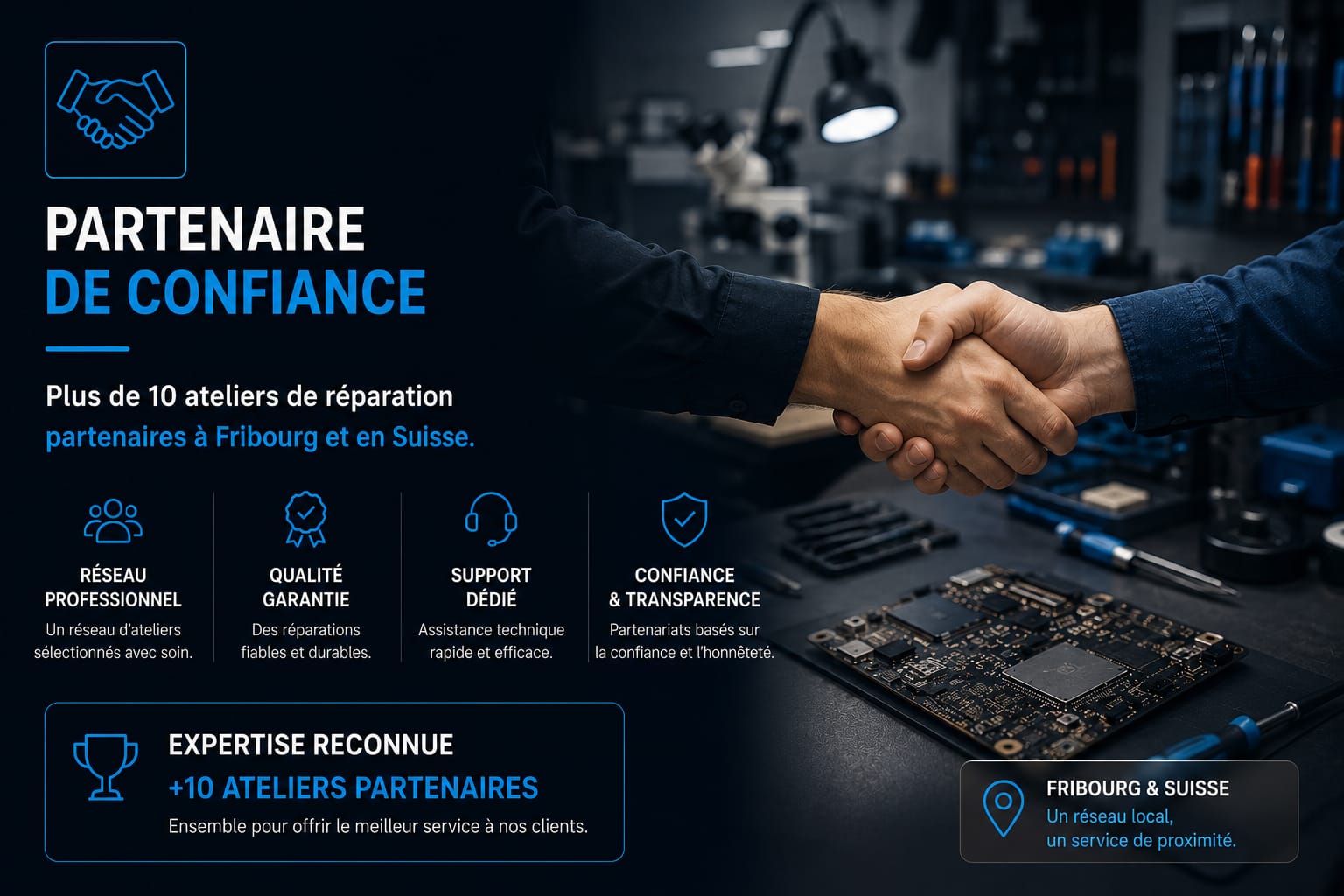 Partenariat professionnel entre MrTechRepair et des ateliers de réparation à Fribourg et en Suisse.