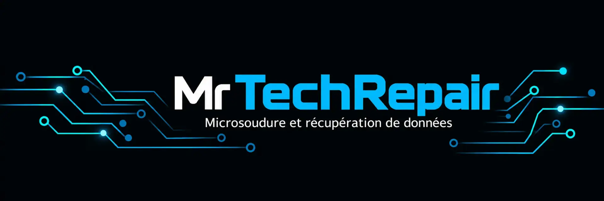 Logo Mr TechRepair avec circuits électroniques bleus – microsoudure et récupération de données